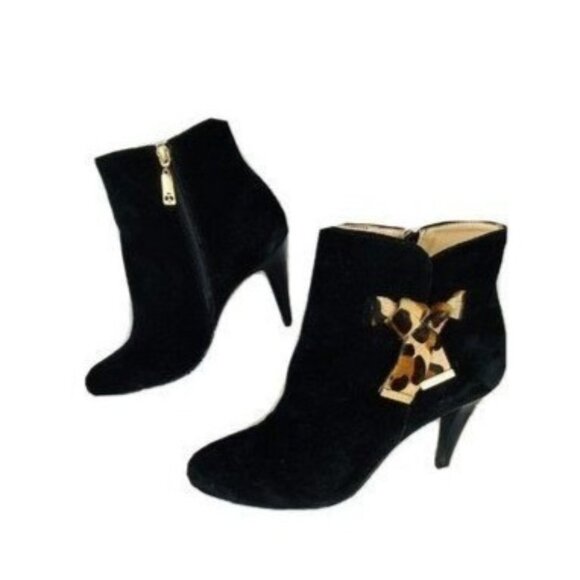 Talbots Leather High Cone Heel  Booties Leopard Calf Hair Bows  ize 10B Black - Picture 1 of 11